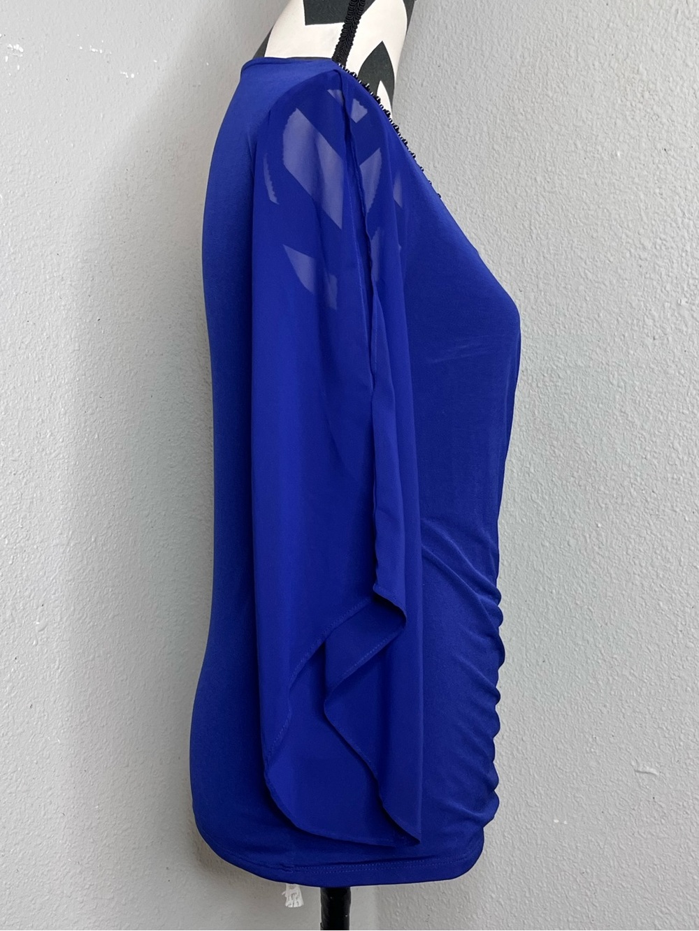 Royal Blue Sheer Bell-Sleeve V-Neck Faux Wrap Cocktail Evening Blouse Sz S - Picture 9 of 16